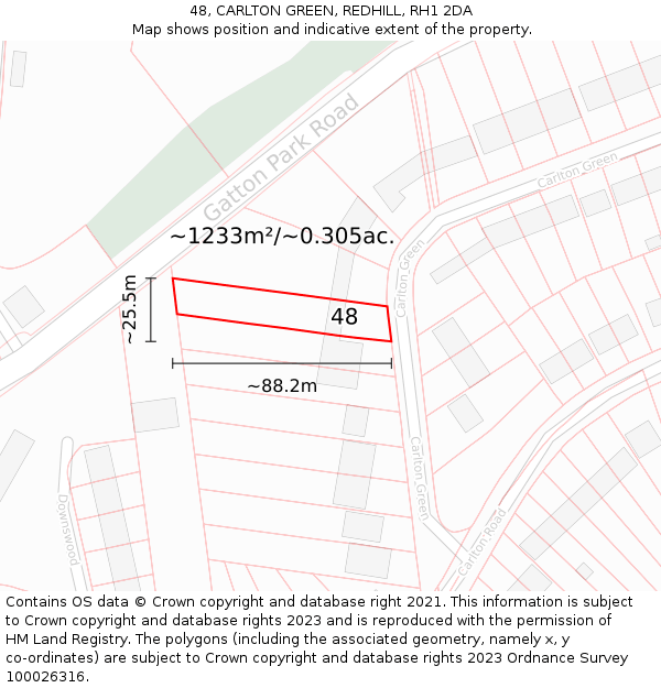 48, CARLTON GREEN, REDHILL, RH1 2DA: Plot and title map