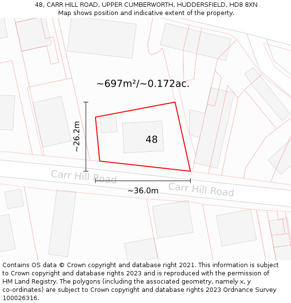 48, CARR HILL ROAD, UPPER CUMBERWORTH, HUDDERSFIELD, HD8 8XN: Plot and title map