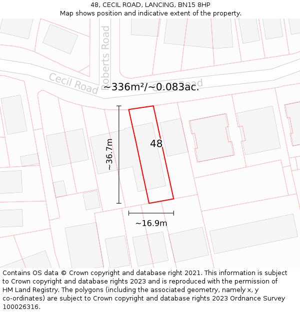 48, CECIL ROAD, LANCING, BN15 8HP: Plot and title map