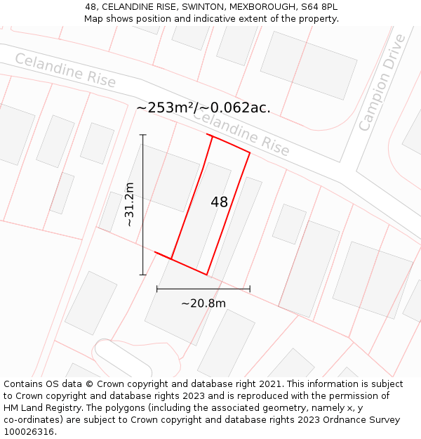 48, CELANDINE RISE, SWINTON, MEXBOROUGH, S64 8PL: Plot and title map