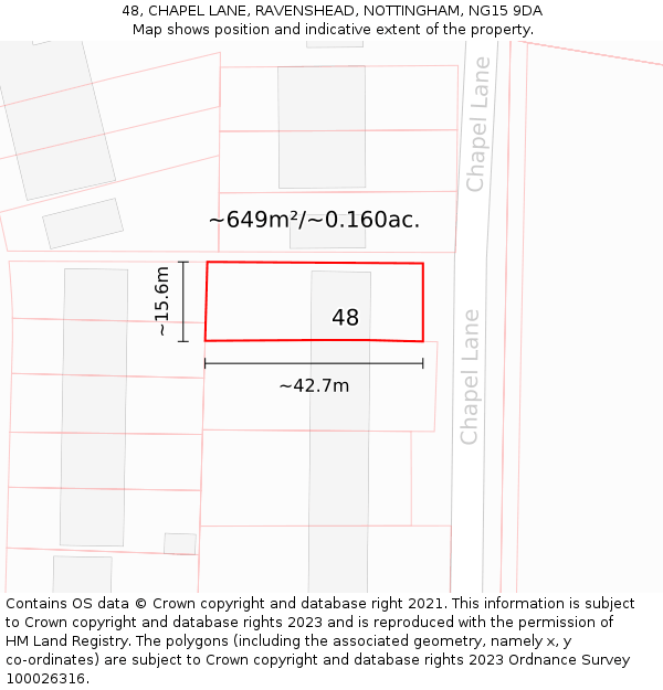 48, CHAPEL LANE, RAVENSHEAD, NOTTINGHAM, NG15 9DA: Plot and title map