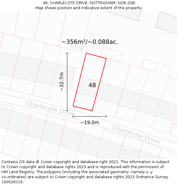 48, CHARLECOTE DRIVE, NOTTINGHAM, NG8 2SB: Plot and title map