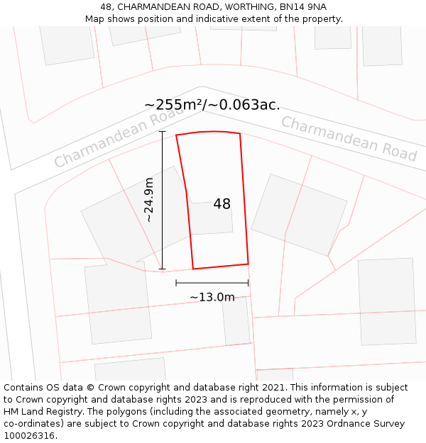 48, CHARMANDEAN ROAD, WORTHING, BN14 9NA: Plot and title map