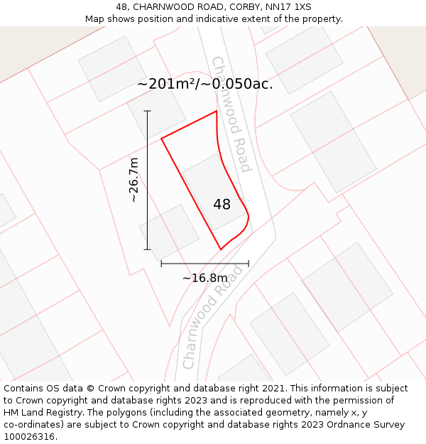 48, CHARNWOOD ROAD, CORBY, NN17 1XS: Plot and title map