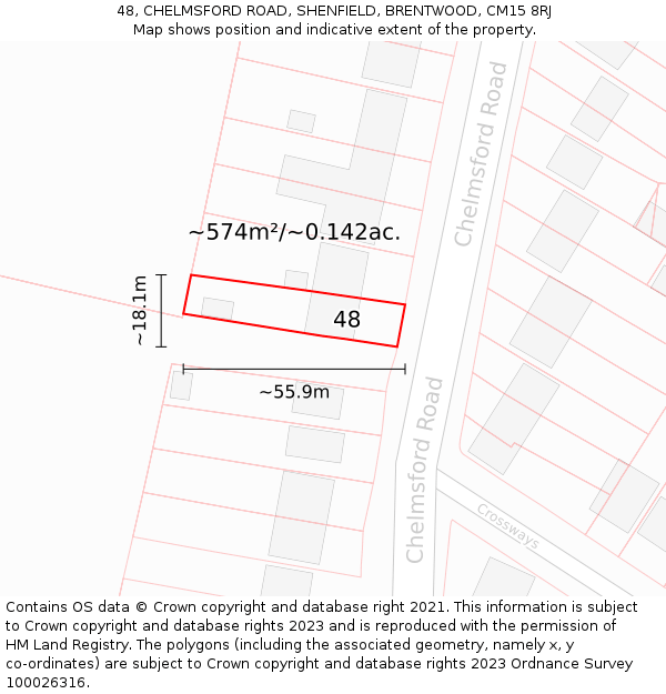 48, CHELMSFORD ROAD, SHENFIELD, BRENTWOOD, CM15 8RJ: Plot and title map