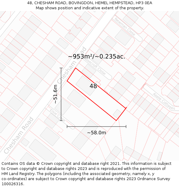 48, CHESHAM ROAD, BOVINGDON, HEMEL HEMPSTEAD, HP3 0EA: Plot and title map