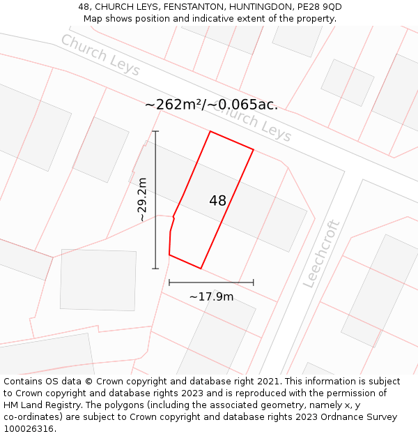 48, CHURCH LEYS, FENSTANTON, HUNTINGDON, PE28 9QD: Plot and title map