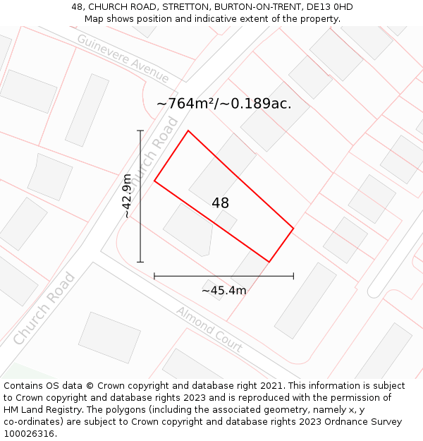 48, CHURCH ROAD, STRETTON, BURTON-ON-TRENT, DE13 0HD: Plot and title map