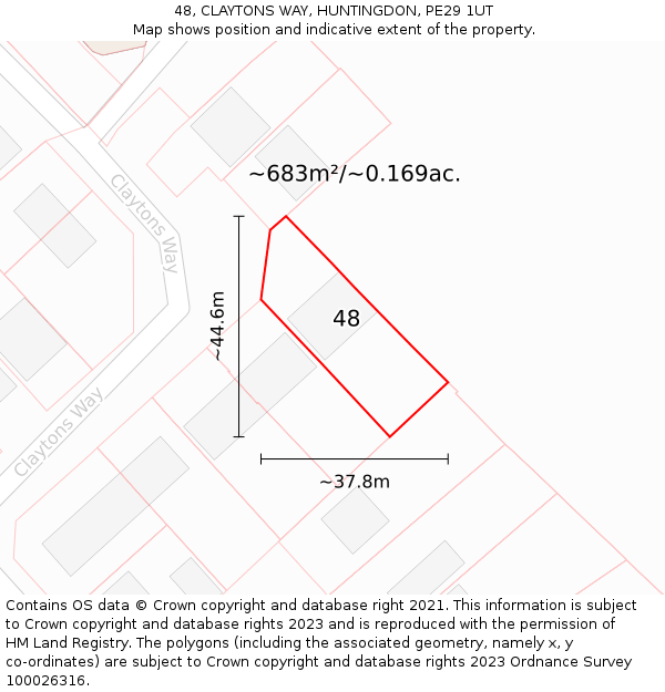 48, CLAYTONS WAY, HUNTINGDON, PE29 1UT: Plot and title map