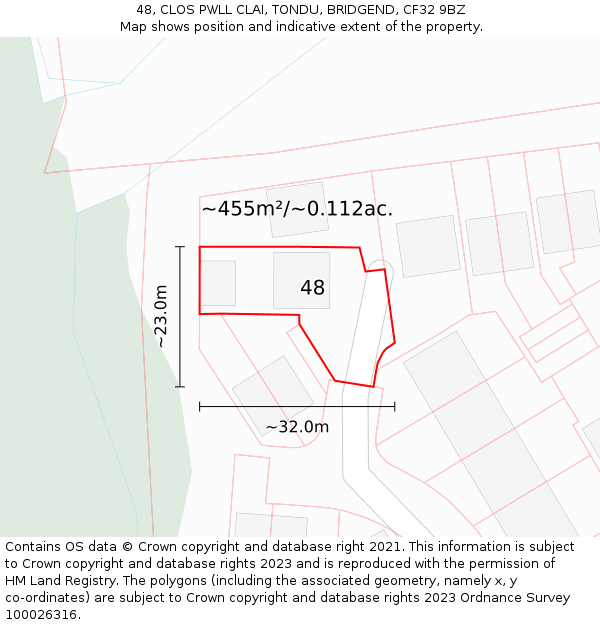 48, CLOS PWLL CLAI, TONDU, BRIDGEND, CF32 9BZ: Plot and title map