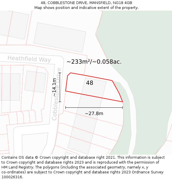 48, COBBLESTONE DRIVE, MANSFIELD, NG18 4GB: Plot and title map