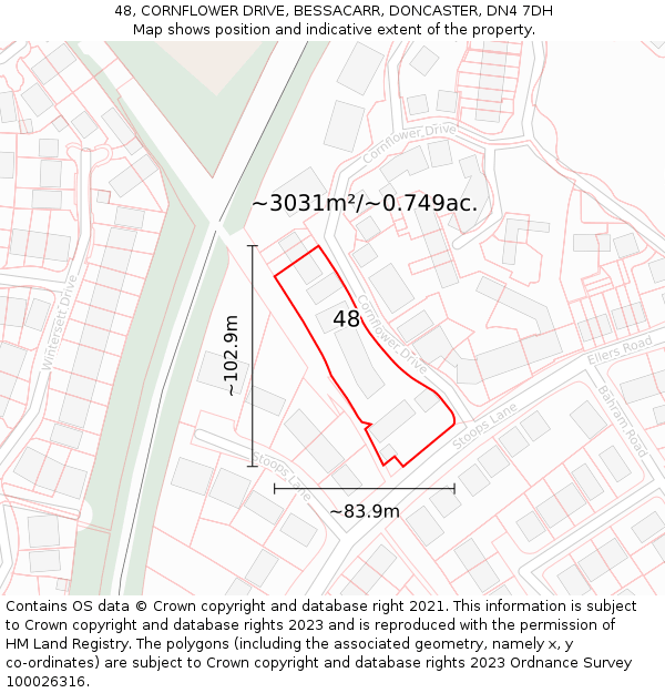 48, CORNFLOWER DRIVE, BESSACARR, DONCASTER, DN4 7DH: Plot and title map