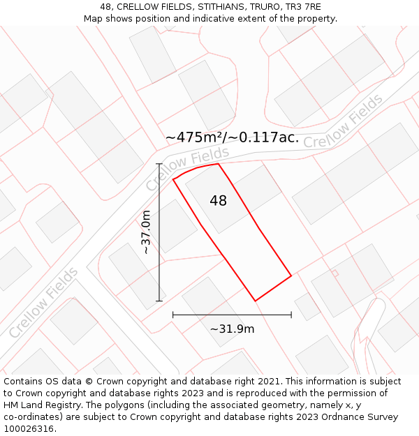 48, CRELLOW FIELDS, STITHIANS, TRURO, TR3 7RE: Plot and title map