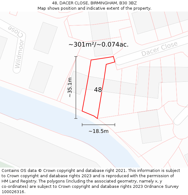 48, DACER CLOSE, BIRMINGHAM, B30 3BZ: Plot and title map