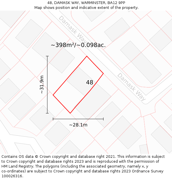 48, DAMASK WAY, WARMINSTER, BA12 9PP: Plot and title map
