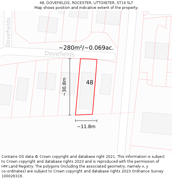 48, DOVEFIELDS, ROCESTER, UTTOXETER, ST14 5LT: Plot and title map