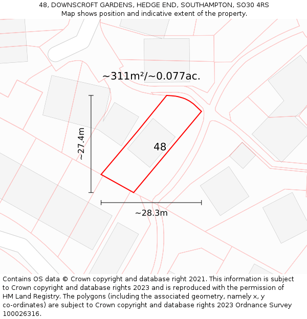 48, DOWNSCROFT GARDENS, HEDGE END, SOUTHAMPTON, SO30 4RS: Plot and title map