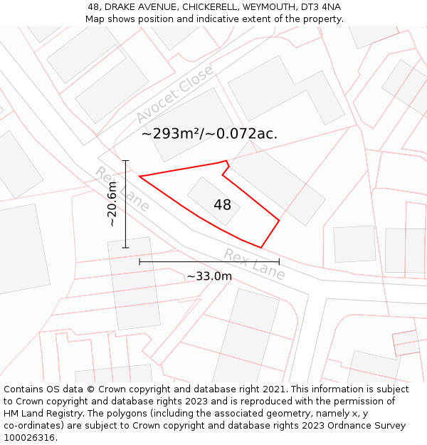 48, DRAKE AVENUE, CHICKERELL, WEYMOUTH, DT3 4NA: Plot and title map
