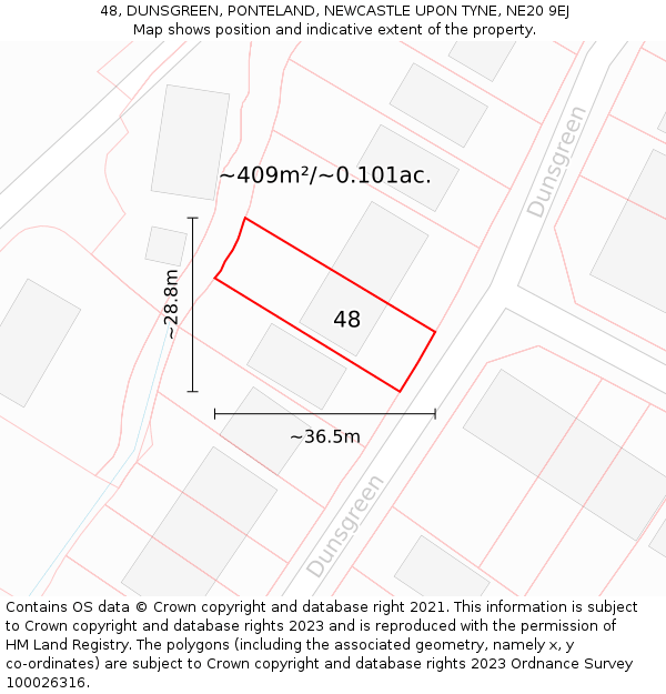 48, DUNSGREEN, PONTELAND, NEWCASTLE UPON TYNE, NE20 9EJ: Plot and title map