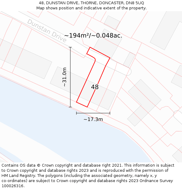 48, DUNSTAN DRIVE, THORNE, DONCASTER, DN8 5UQ: Plot and title map