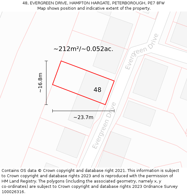 48, EVERGREEN DRIVE, HAMPTON HARGATE, PETERBOROUGH, PE7 8FW: Plot and title map