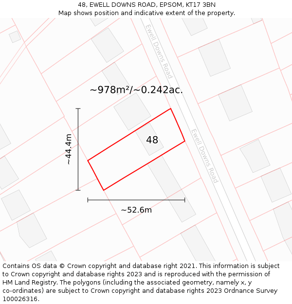 48, EWELL DOWNS ROAD, EPSOM, KT17 3BN: Plot and title map