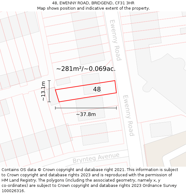 48, EWENNY ROAD, BRIDGEND, CF31 3HR: Plot and title map