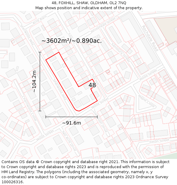 48, FOXHILL, SHAW, OLDHAM, OL2 7NQ: Plot and title map