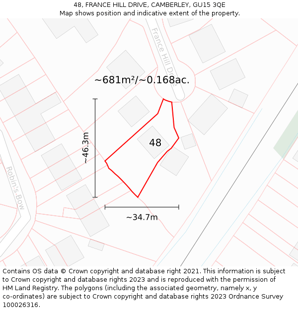 48, FRANCE HILL DRIVE, CAMBERLEY, GU15 3QE: Plot and title map