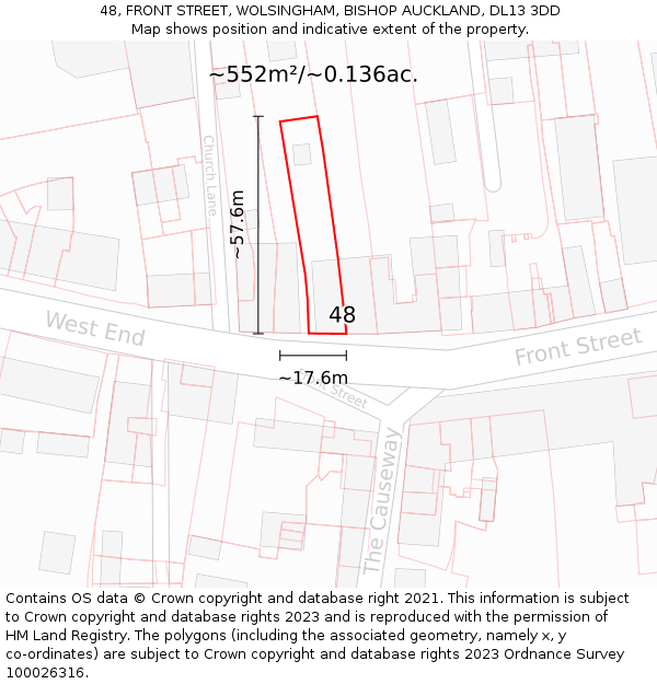 48, FRONT STREET, WOLSINGHAM, BISHOP AUCKLAND, DL13 3DD: Plot and title map