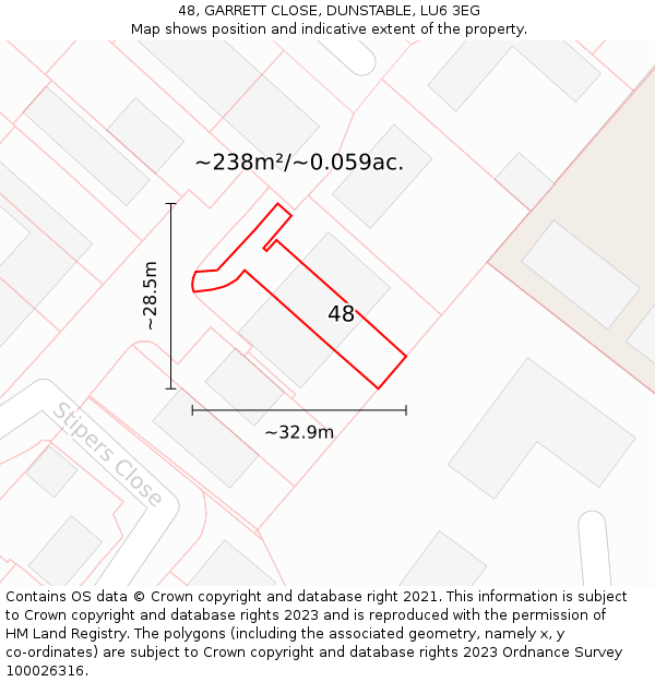 48, GARRETT CLOSE, DUNSTABLE, LU6 3EG: Plot and title map