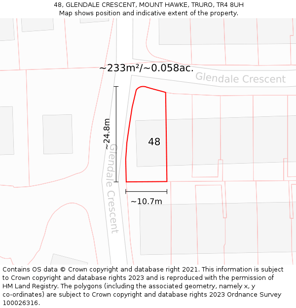 48, GLENDALE CRESCENT, MOUNT HAWKE, TRURO, TR4 8UH: Plot and title map