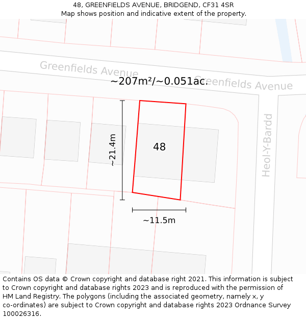 48, GREENFIELDS AVENUE, BRIDGEND, CF31 4SR: Plot and title map