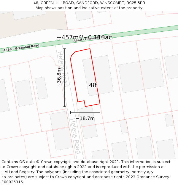 48, GREENHILL ROAD, SANDFORD, WINSCOMBE, BS25 5PB: Plot and title map
