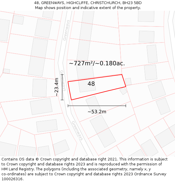 48, GREENWAYS, HIGHCLIFFE, CHRISTCHURCH, BH23 5BD: Plot and title map