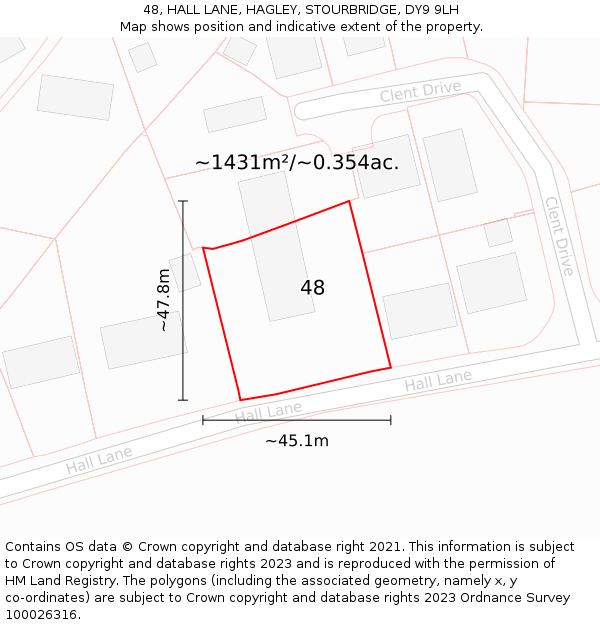 48, HALL LANE, HAGLEY, STOURBRIDGE, DY9 9LH: Plot and title map