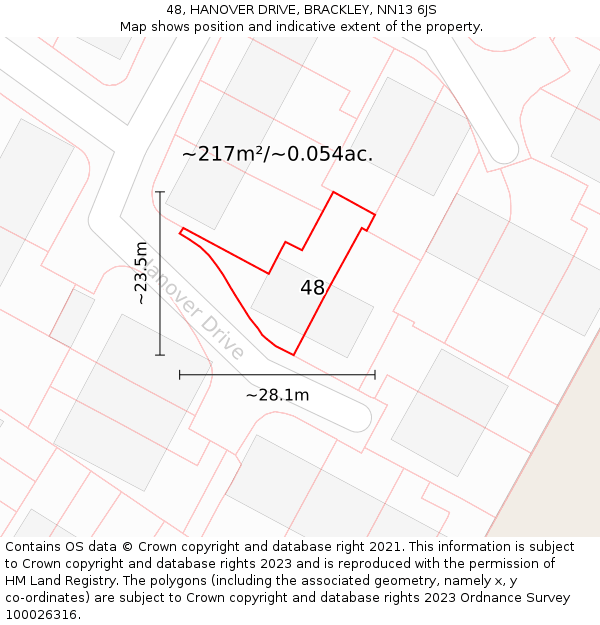 48, HANOVER DRIVE, BRACKLEY, NN13 6JS: Plot and title map