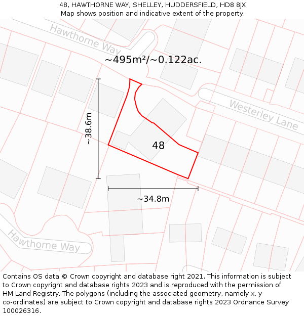 48, HAWTHORNE WAY, SHELLEY, HUDDERSFIELD, HD8 8JX: Plot and title map