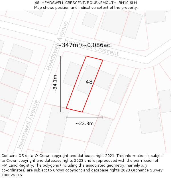 48, HEADSWELL CRESCENT, BOURNEMOUTH, BH10 6LH: Plot and title map