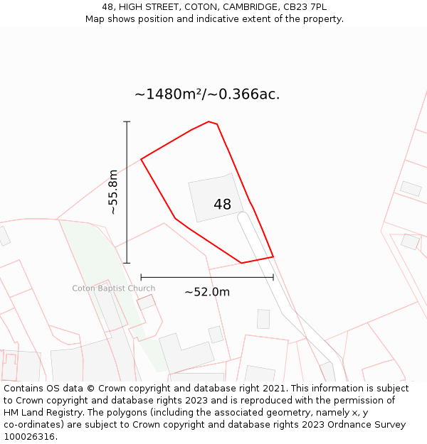 48, HIGH STREET, COTON, CAMBRIDGE, CB23 7PL: Plot and title map