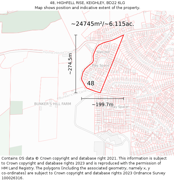 48, HIGHFELL RISE, KEIGHLEY, BD22 6LG: Plot and title map