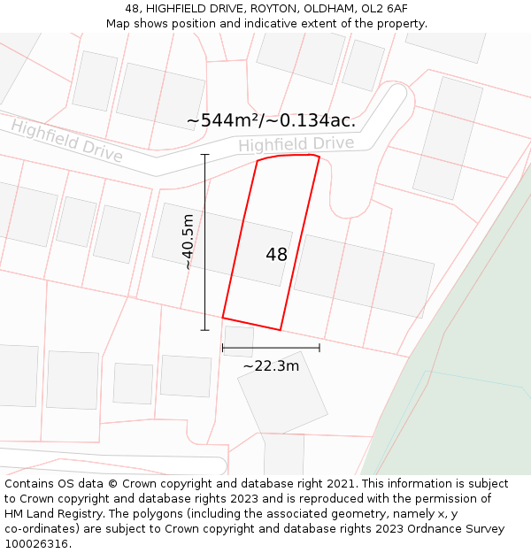 48, HIGHFIELD DRIVE, ROYTON, OLDHAM, OL2 6AF: Plot and title map