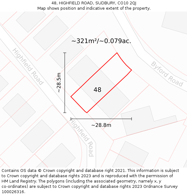 48, HIGHFIELD ROAD, SUDBURY, CO10 2QJ: Plot and title map