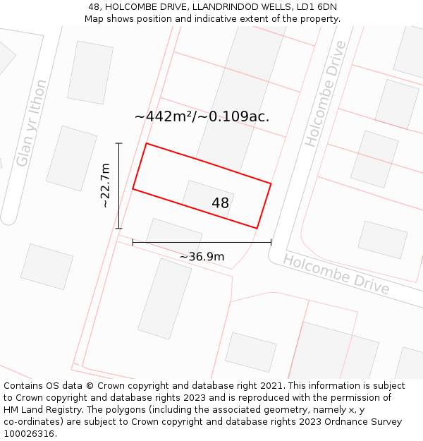 48, HOLCOMBE DRIVE, LLANDRINDOD WELLS, LD1 6DN: Plot and title map