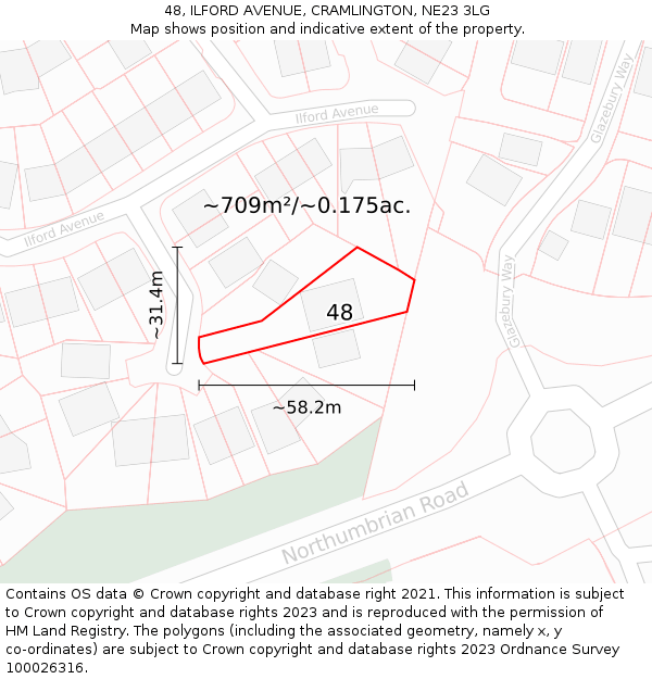 48, ILFORD AVENUE, CRAMLINGTON, NE23 3LG: Plot and title map