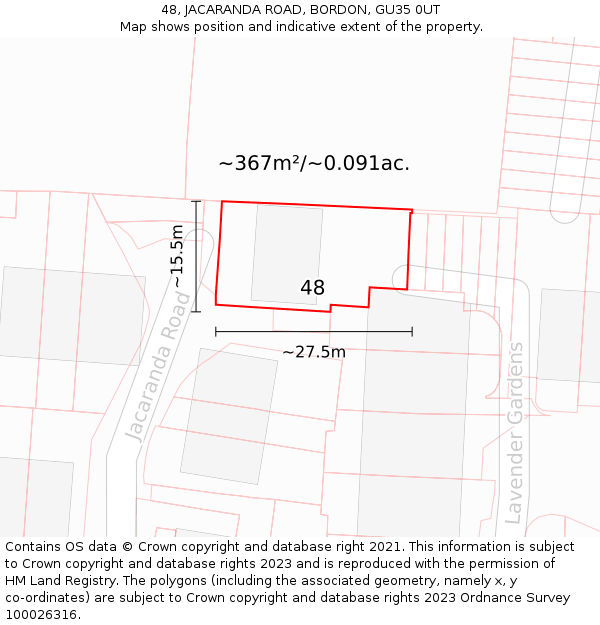 48, JACARANDA ROAD, BORDON, GU35 0UT: Plot and title map