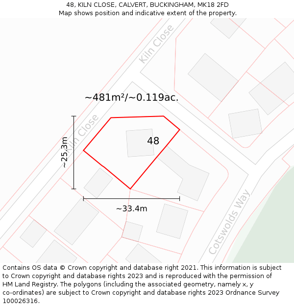 48, KILN CLOSE, CALVERT, BUCKINGHAM, MK18 2FD: Plot and title map