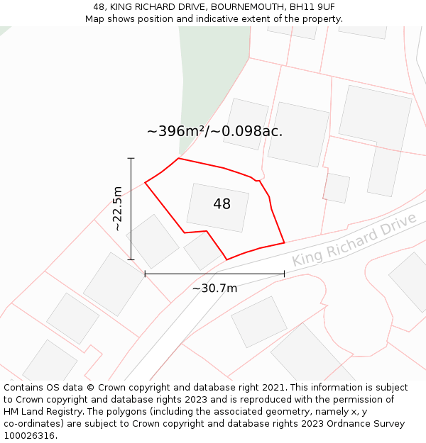 48, KING RICHARD DRIVE, BOURNEMOUTH, BH11 9UF: Plot and title map