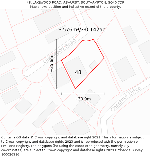 48, LAKEWOOD ROAD, ASHURST, SOUTHAMPTON, SO40 7DF: Plot and title map