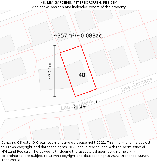 48, LEA GARDENS, PETERBOROUGH, PE3 6BY: Plot and title map